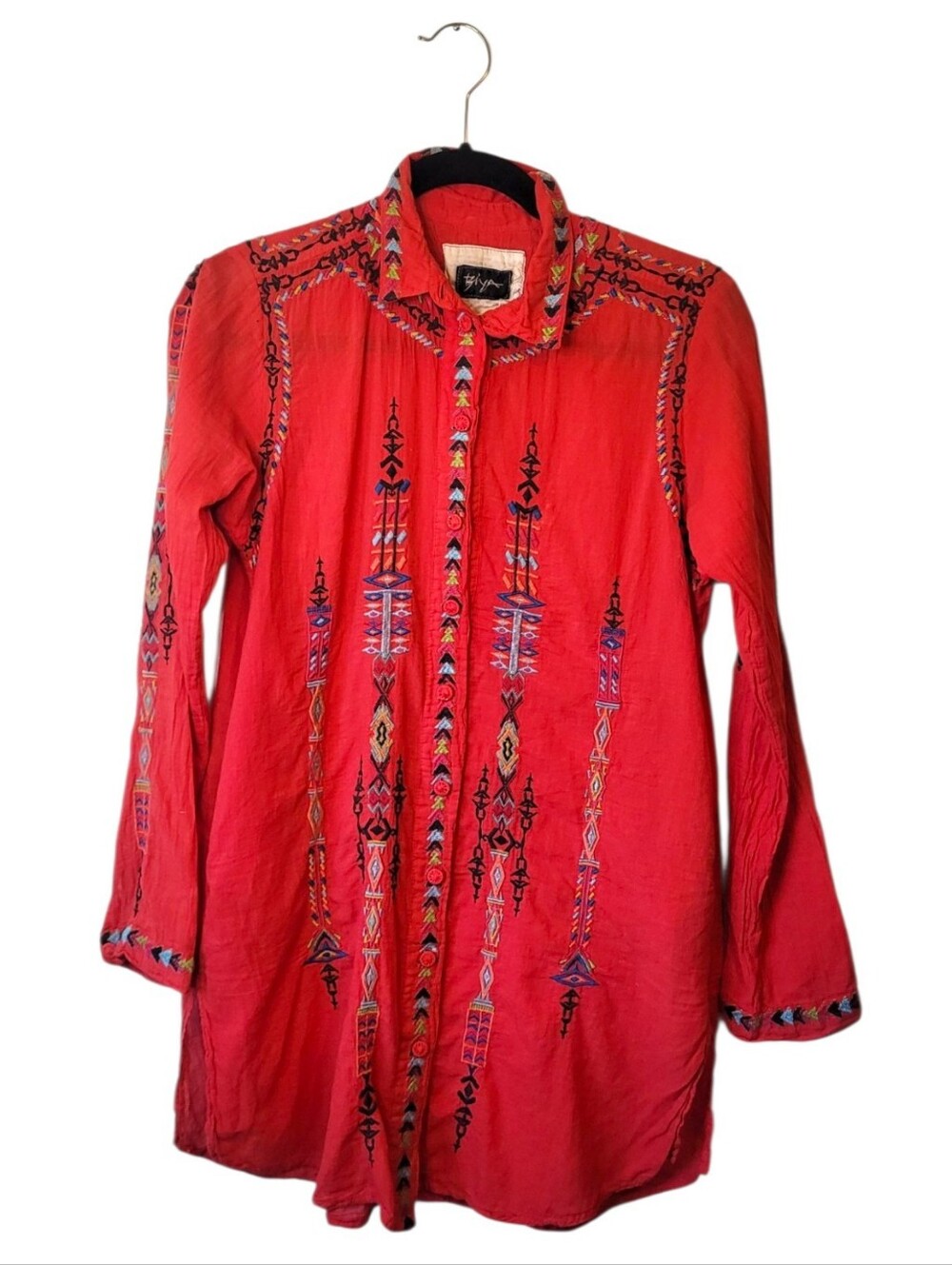 Biya Embroidered Red Button-Front Boho Longline Blouse Size S